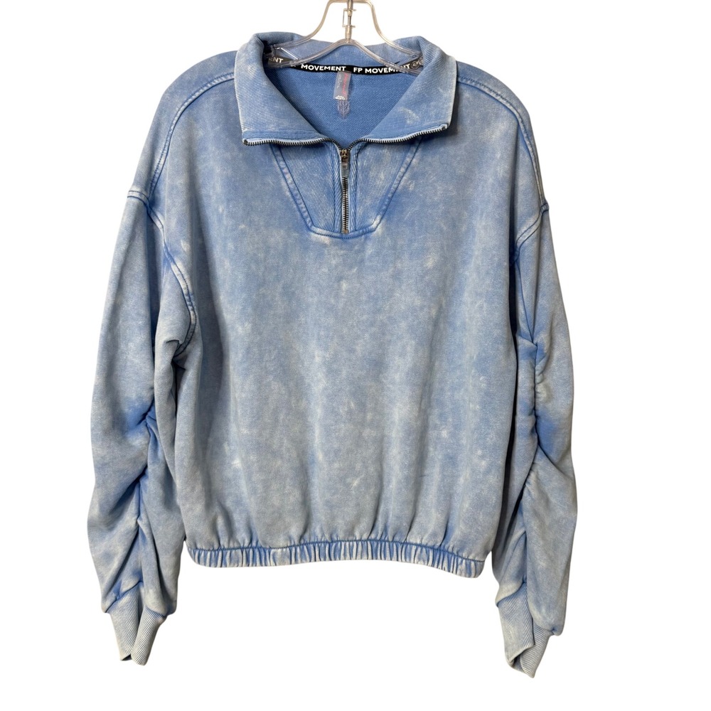FP Movement Sweatshirt Womens S Blue Acid Wash Valley Girl Quarter Zip Cropped